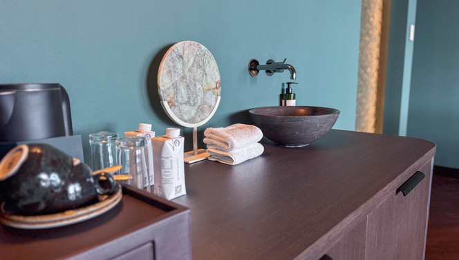 Forêt Suite Van der Valk Nuland coffee corner and wash basin.